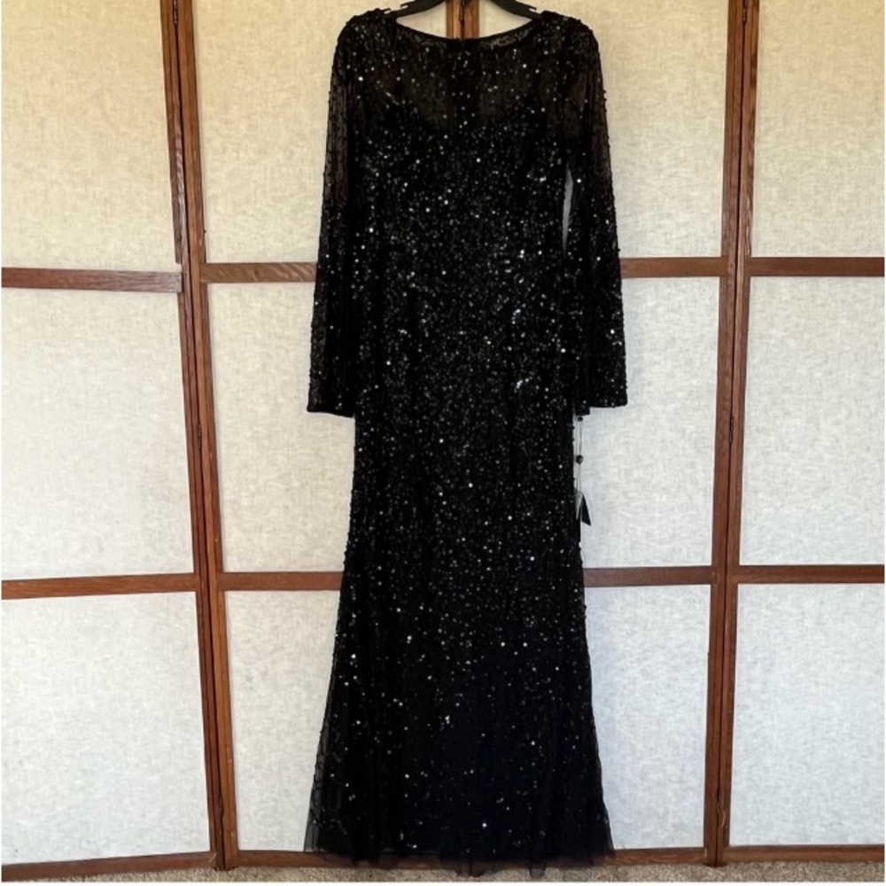 Adrianna Papell Black Sequin Long Slit Sleeves Gown - Size 4